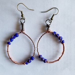 Blue beaded copper hoops